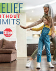 a woman and a girl stretching with blue stop image and text RELIEF WIHOUT LIMITS