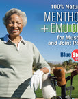 Lady playing gold with text saying 100% Natural Menthol + Emu Oil For muscle and joint pain