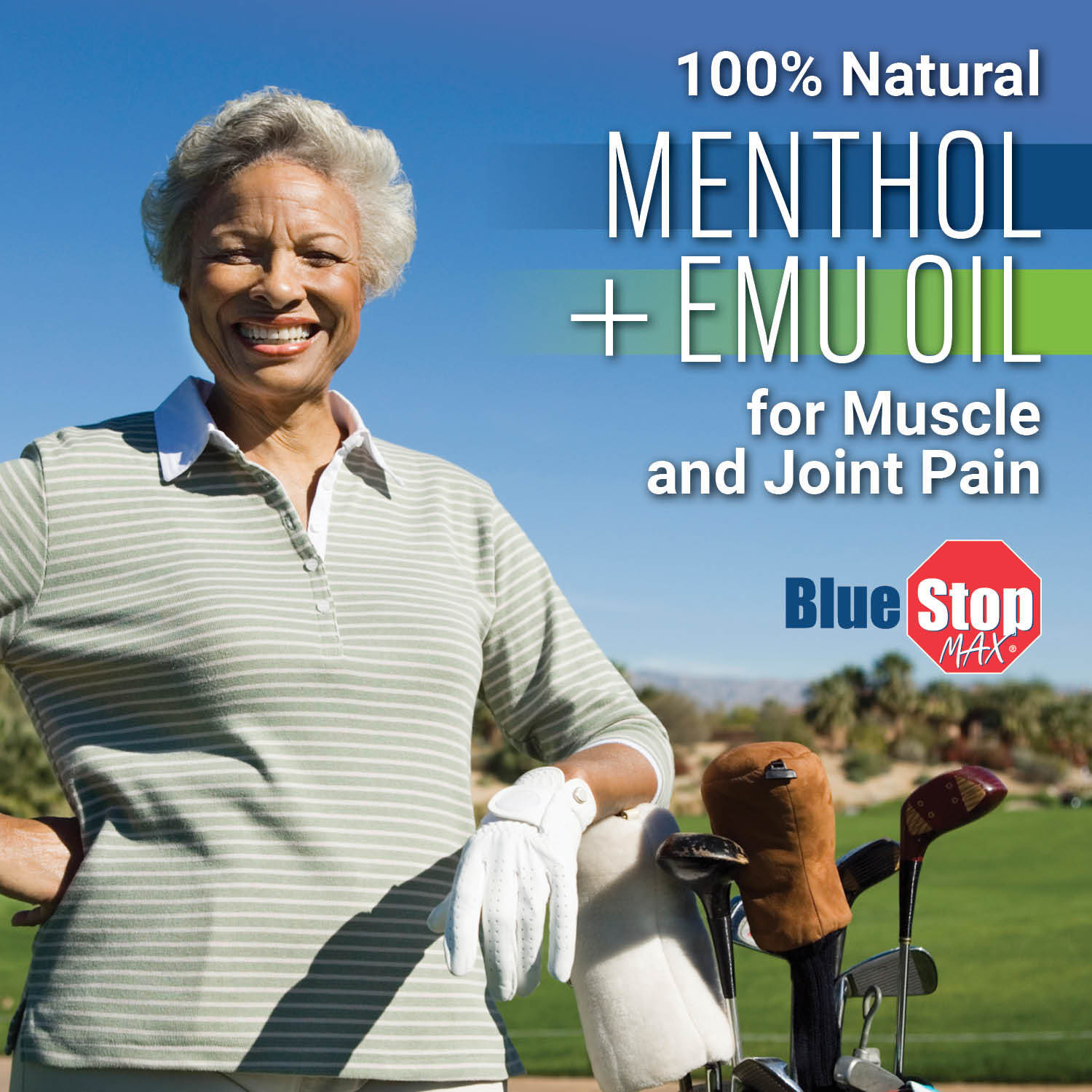 Lady playing gold with  text saying 100% Natural Menthol + Emu Oil For muscle and joint pain