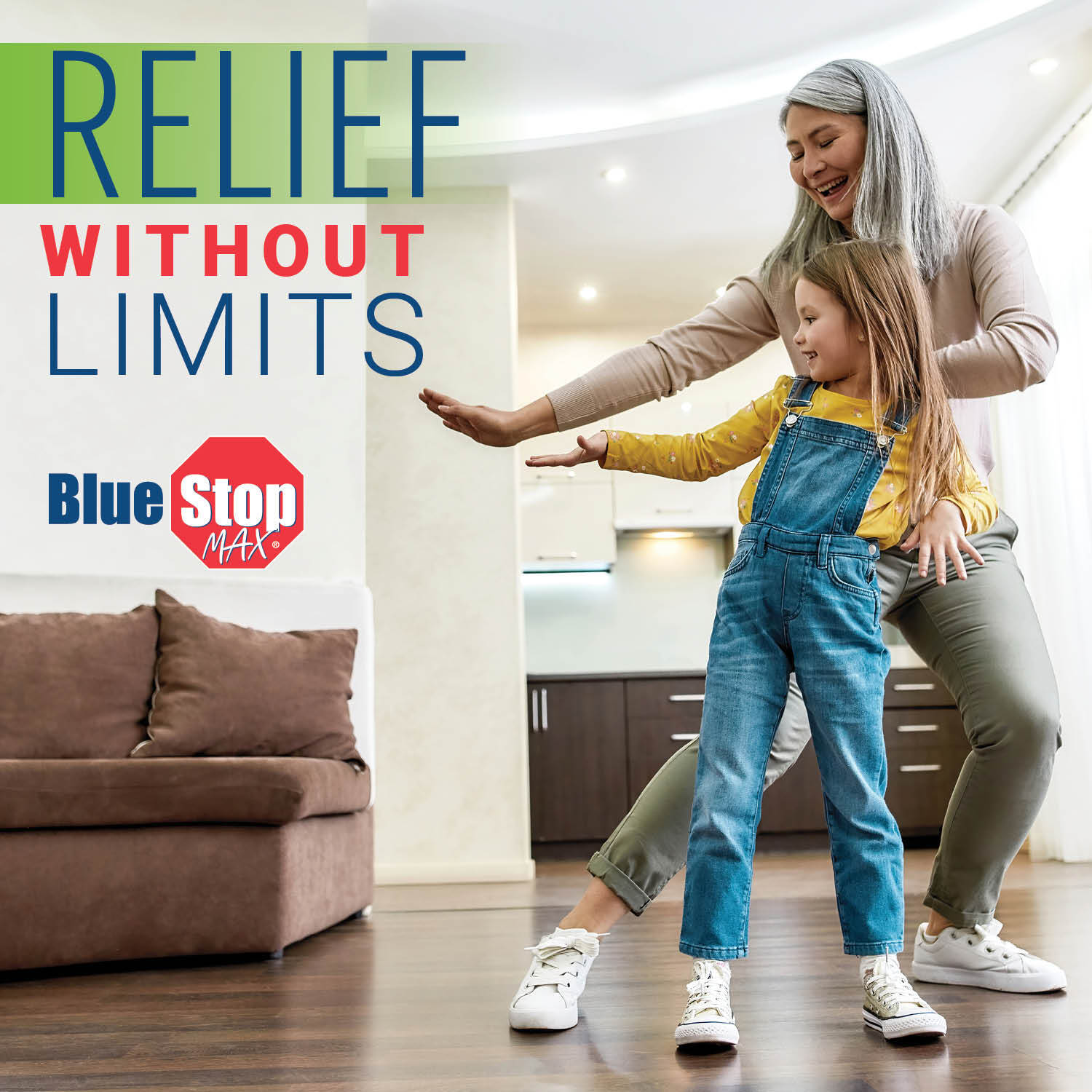 a woman and a girl stretching with blue stop image and text RELIEF WIHOUT LIMITS