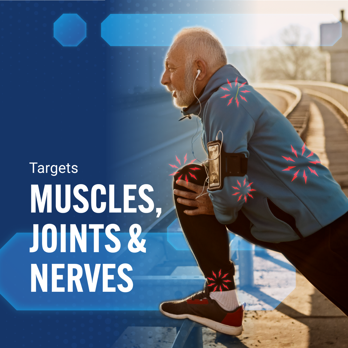 Man with pain points and graphic saying: Targets muscles, joints and nerves.