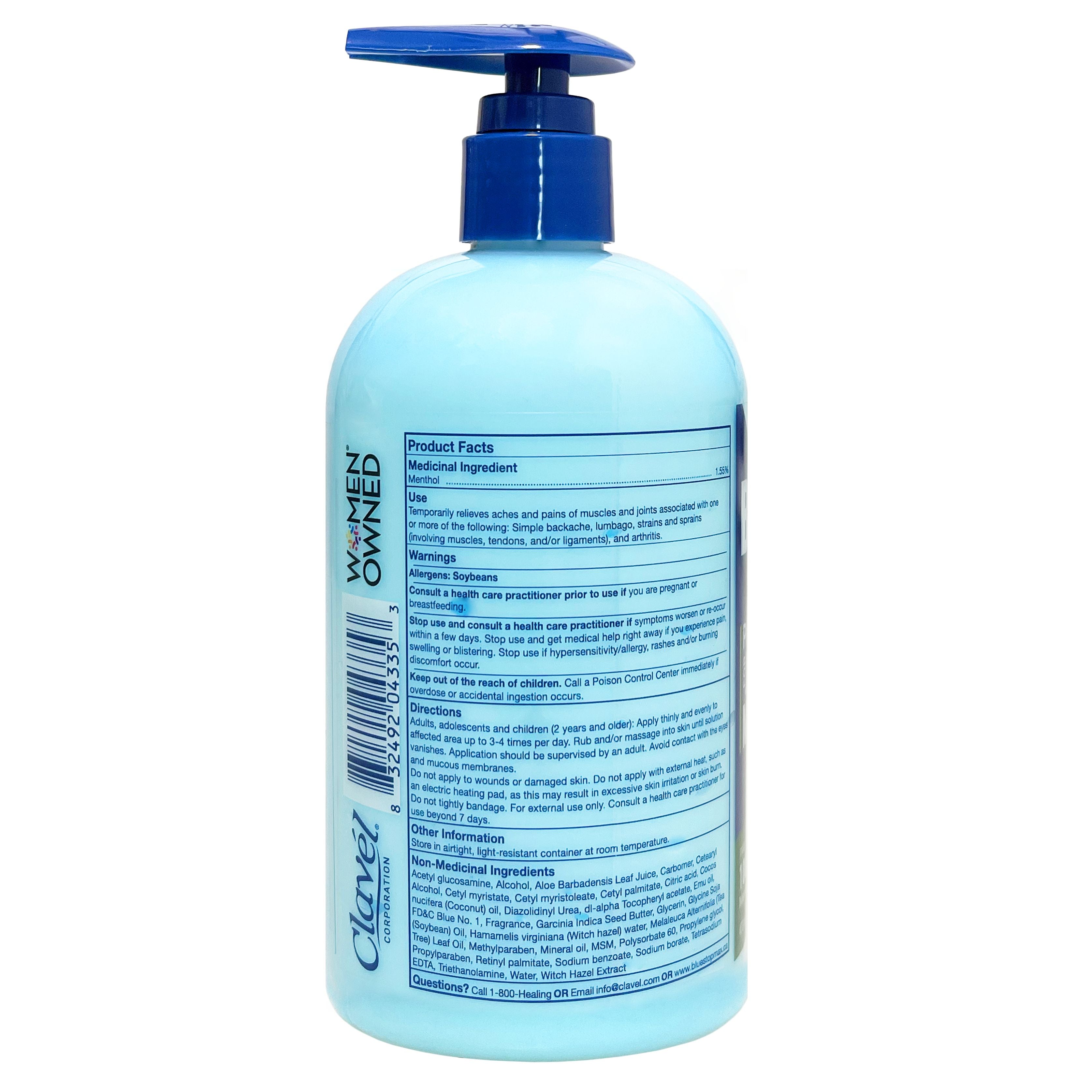 Blue Stop Max 16oz back of label displaying woman owned and english product facts.