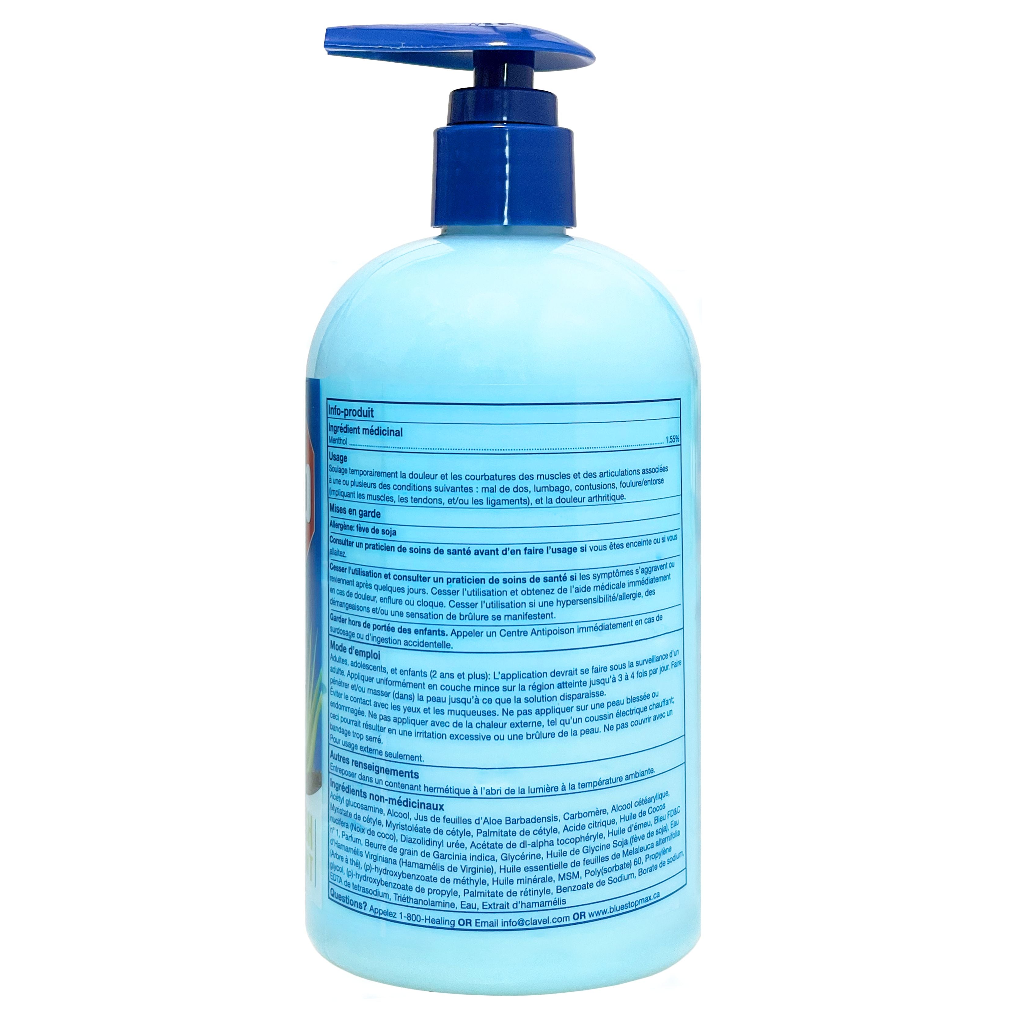 Blue Stop Max 16oz Pump Bottle Back of bottle in French