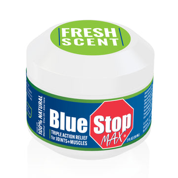 Blue Stop max bottle 2oz with fresh scent text  and products label 